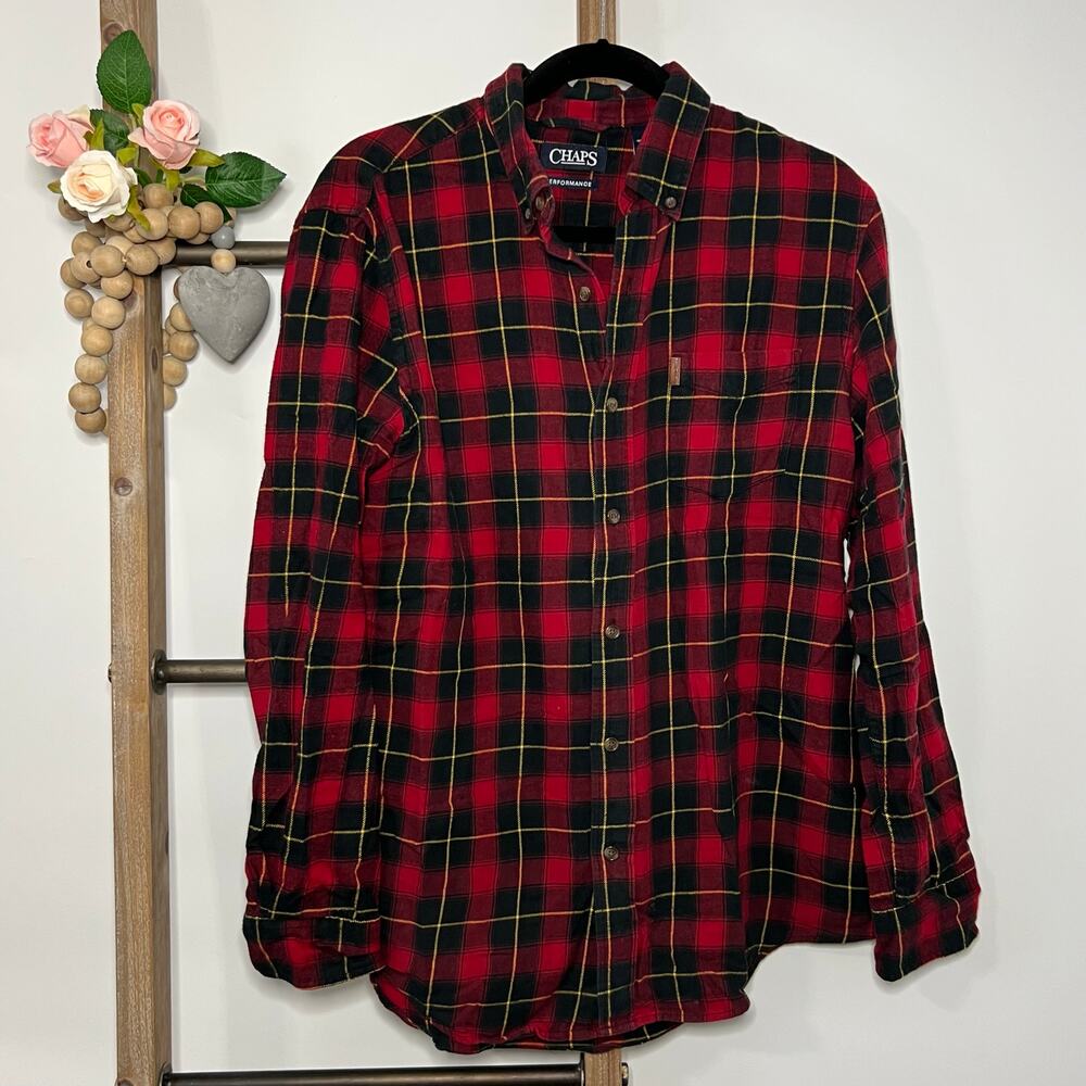 Chaps Long Sleeve‎ Red Plaid Button Up Flannel Size Medium